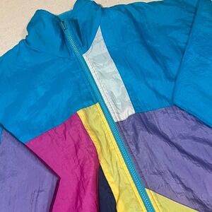 Vintage 80s 90s Reversible Windbreaker Jacket Color Block Turquoise L *FLAW